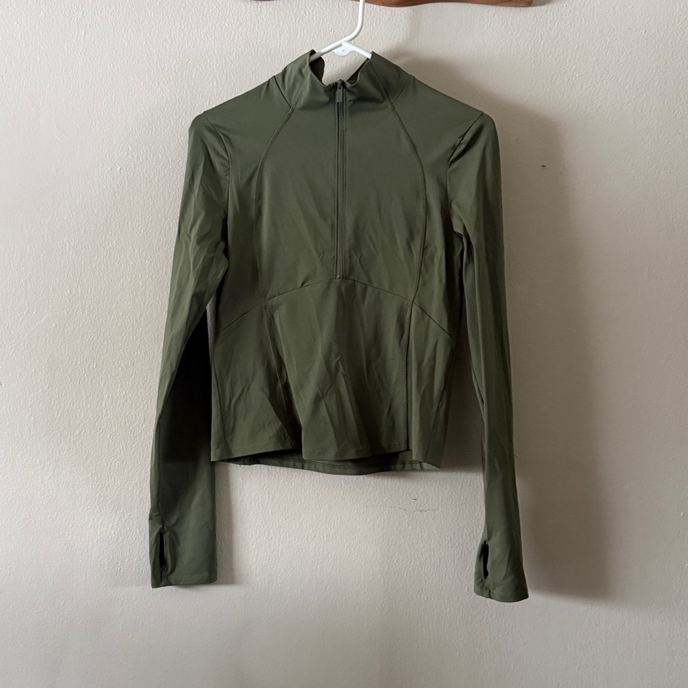 PINK Active Olive Green Half Zip Mock Neck Thumbhole Athletic Top Size M